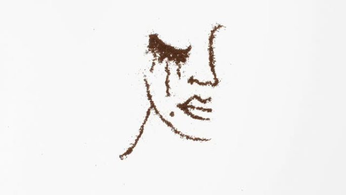 一个哭泣的女孩的咖啡定格动画，眼泪滴在她的睫毛上。从咖啡中绘画
