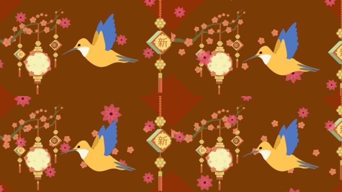 棕色上的樱花和中国灯笼蜂鸟插图动画