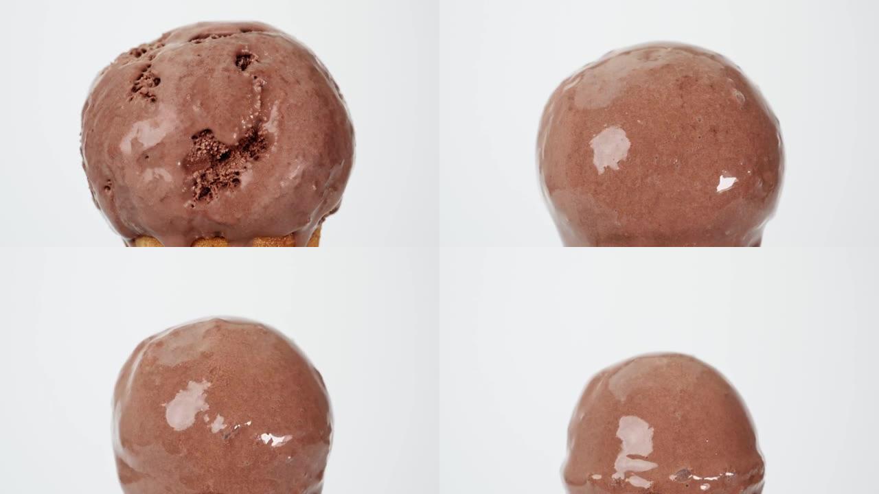 将巧克力冰淇淋融化在蛋筒上。