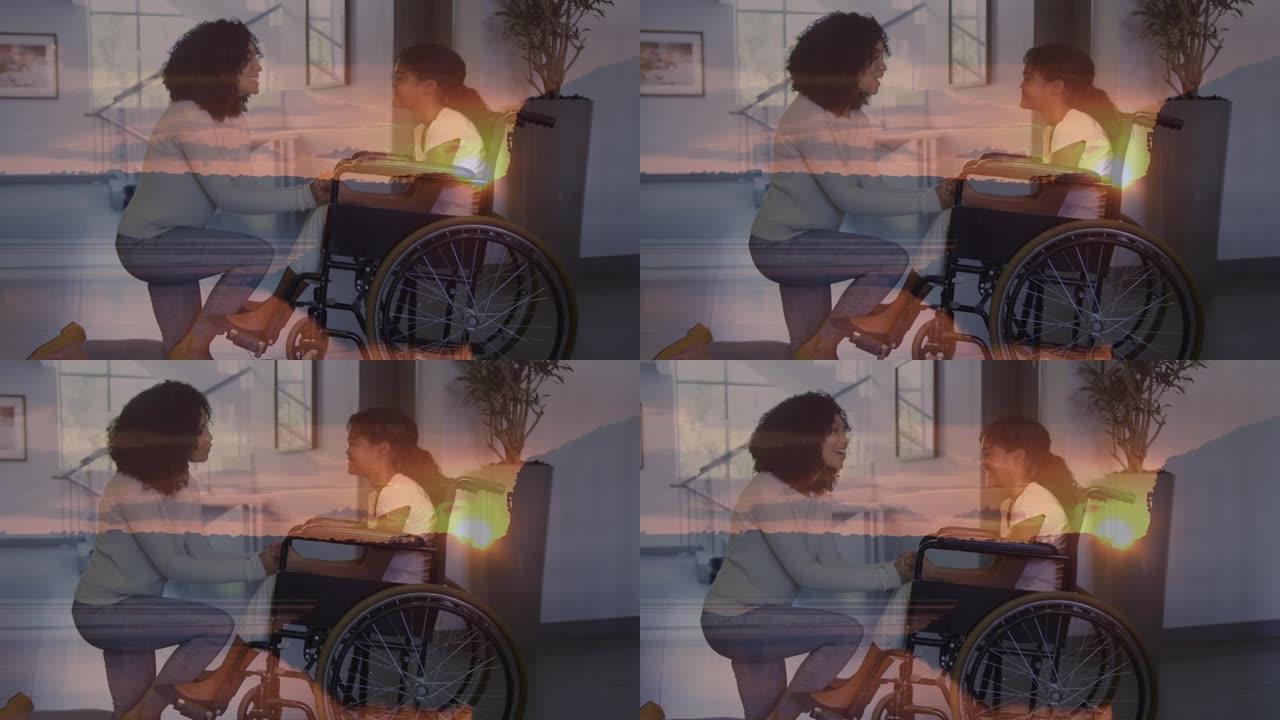 混血儿母亲坐在轮椅上的残疾女儿的风景动画