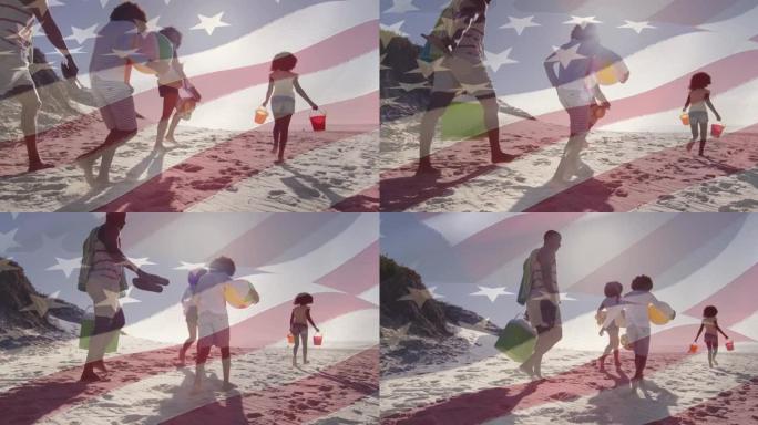 美国国旗在海滩上非裔美国人家庭上方的动画