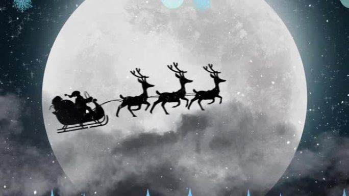 圣诞老人在雪橇上的圣诞树图标被驯鹿拉到夜空中的月亮上