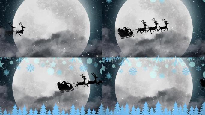 圣诞老人在雪橇上的圣诞树图标被驯鹿拉到夜空中的月亮上