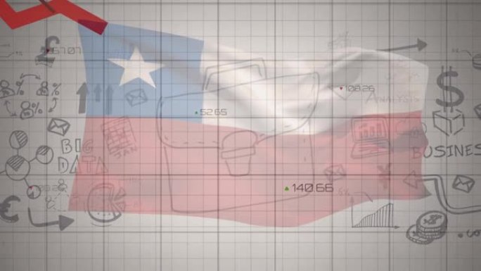 动画的数据处理，金融图标和图形的旗帜上的智利在灰色的背景
