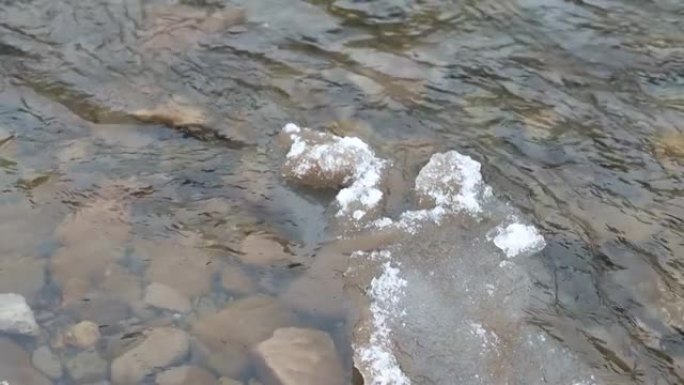 冰融化 -- 河流流动。冬季喀尔巴阡山河的景色