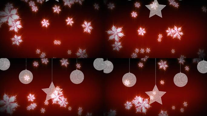 悬挂在红色背景上的雪花上的圣诞装饰品的数字动画