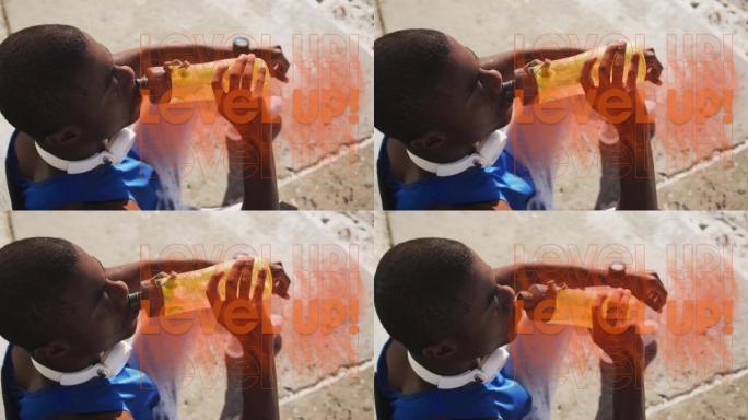 非裔美国运动员饮用水上的水平文字动画