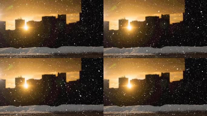 圣诞节时，夕阳天空落在城市的雪花动画