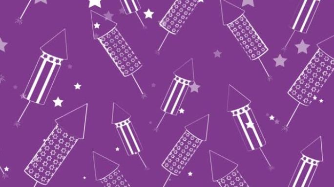 紫色背景上的白色星星和火箭烟花动画