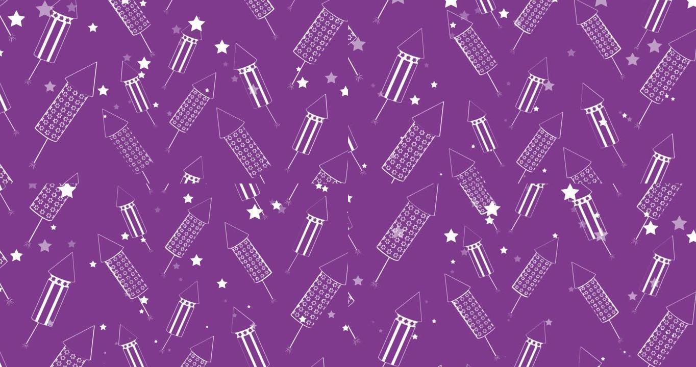 紫色背景上的白色星星和火箭烟花动画