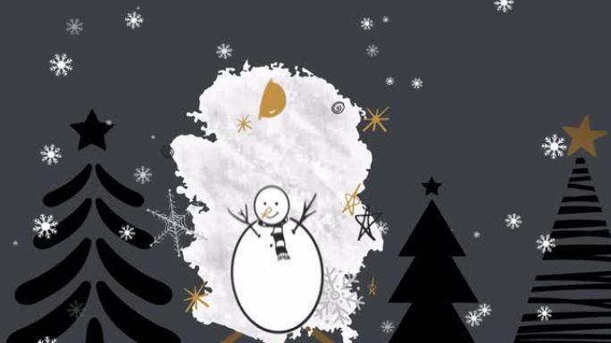 在雪人和圣诞树上的季节问候文本动画