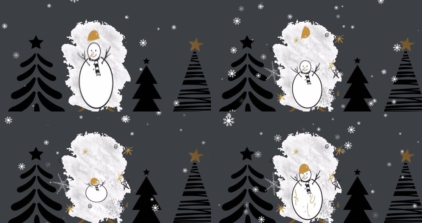 在雪人和圣诞树上的季节问候文本动画