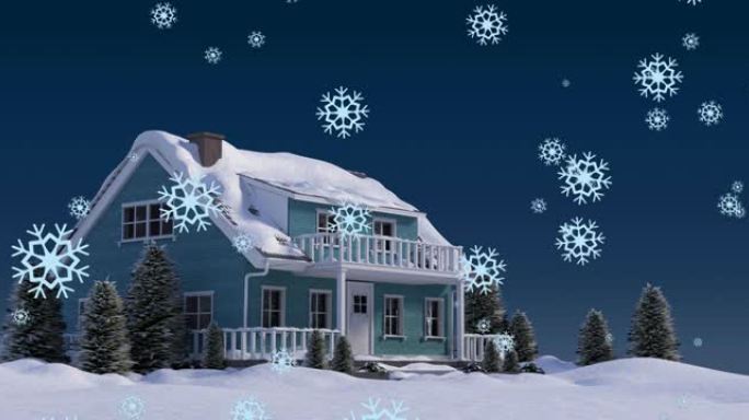 圣诞节雪花落在积雪覆盖的房屋和花园上的动画