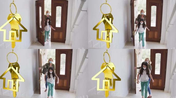 高加索妇女和她的女儿戴着口罩打开门的钥匙动画