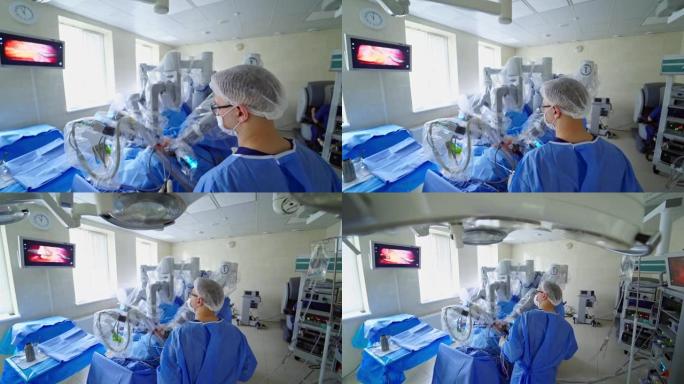 医疗机器人达芬奇。机器人外科医生在手术台上做手术病人