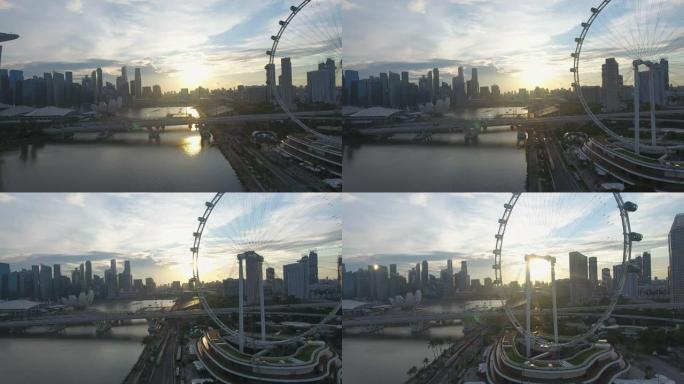 日落时滨海湾鸟瞰图，日落时新加坡城市著名滨海湾市中心
