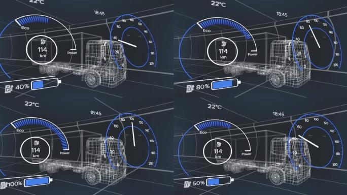 车辆接口上的速度计，gps和充电状态数据的动画，通过3d卡车模型