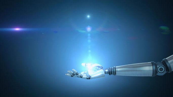 蓝色光光和镜头耀斑在机器人手臂上的动画，蓝色背景上的移动光