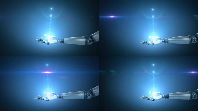 蓝色光光和镜头耀斑在机器人手臂上的动画，蓝色背景上的移动光