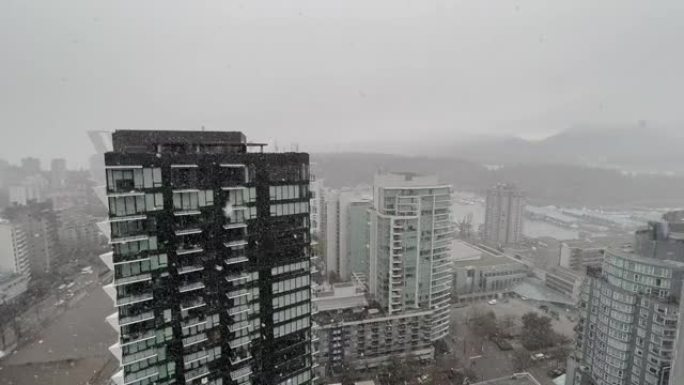 温哥华市中心煤港大雪的鸟瞰图。
