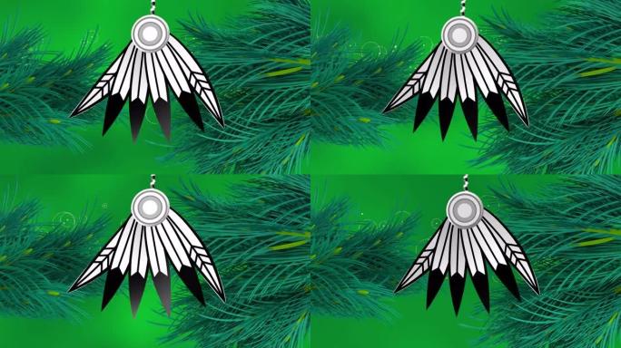 3d动画，带有羽毛的吊坠或有风的森林中的追梦者 (绿色背景)