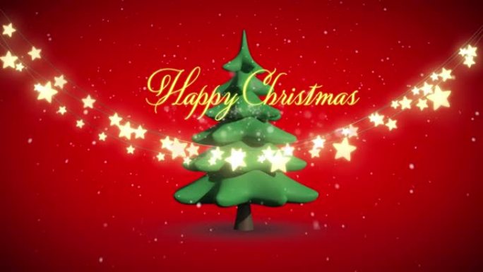 红色背景圣诞树上的圣诞快乐文字动画