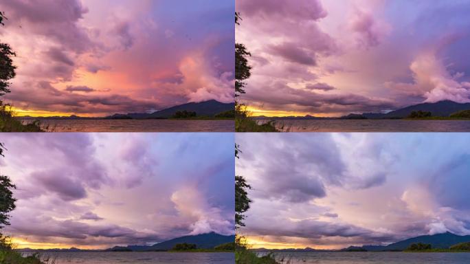 日落时湖上五颜六色的戏剧性天空，Timelaspe视频