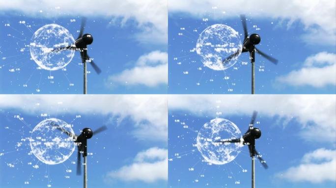 乡村风力涡轮机上的地球仪动画