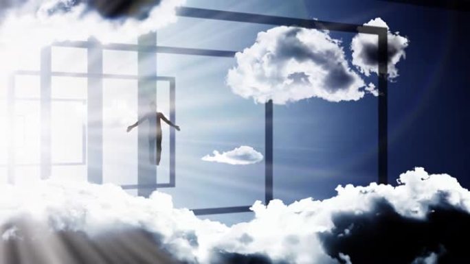 一个人的剪影飞入天空中的一个入口，云彩在明亮的光线中，将双臂伸向两侧。具有视差效果的4k视频动画。