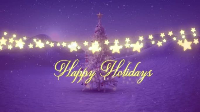 节日快乐动画文本串发光的圣诞仙女灯和圣诞树