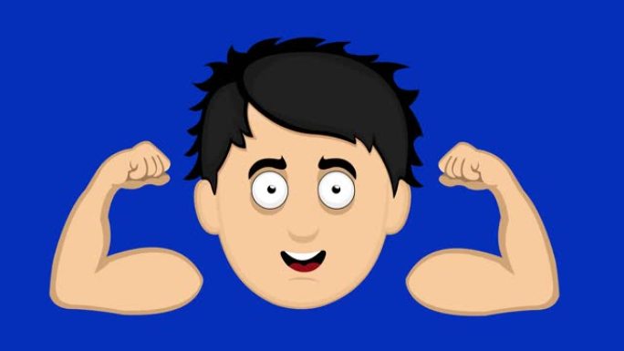一个年轻的卡通男人的脸的循环动画，弯曲手臂并收缩二头肌