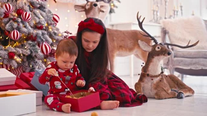 两个可爱的小孩吃圣诞糖果的4k视频肖像。在孩子们手中制作巧克力手工糖果。兄弟在圣诞树附近吃糖果