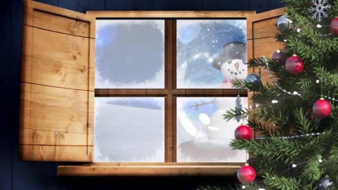 圣诞树和木制窗框在雪球中抵御雪人的蓝色斑点