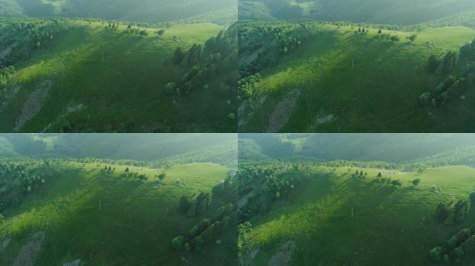 从无人机上可以看到美丽的山景。无人机飞越森林和群山之间的绿色草地。美丽的阳光照在山上，阴云密布。