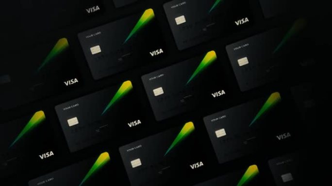 文摘VISA信用卡，投资概念动。成行的新的程式化信用卡或借记卡灰卡，绿色光线在黑暗的背景上移动。