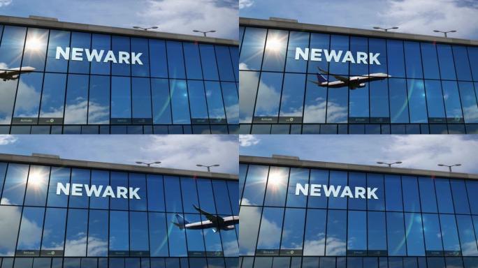 飞机降落在美国新泽西州纽瓦克机场，在航站楼中镜像