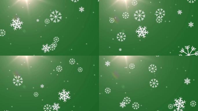 雪花落在绿色背景上的光斑上的数字动画