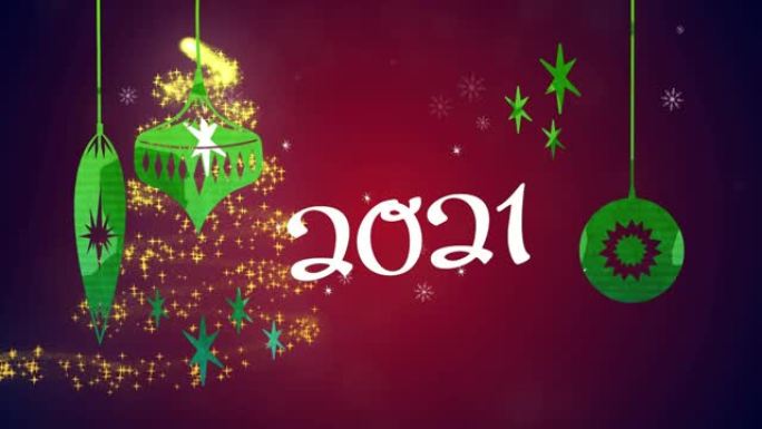 2021文字和悬挂装饰，抵御雪落在流星上，形成圣诞树