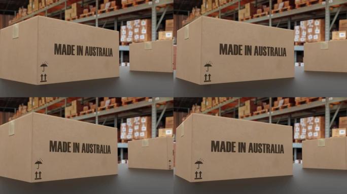 传送带上带有澳大利亚制造文本的盒子。澳大利亚商品相关可循环3D动画