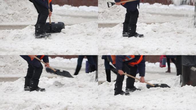 男子，城市除雪服务的公用事业工人，手动铲雪