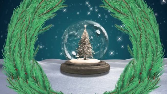 雪球和冬季景观上的枞树花环动画