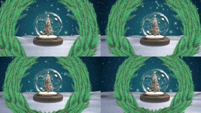 雪球和冬季景观上的枞树花环动画