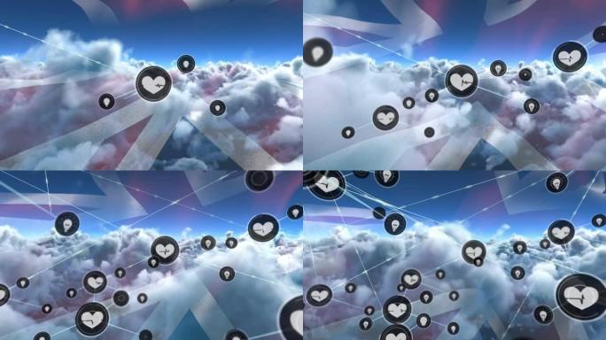 英国国旗和多云天空上的连接和图标网络动画
