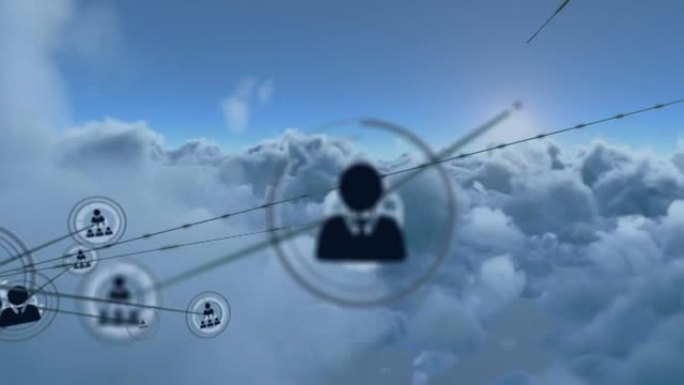 蓝色背景上的云与人的连接网络动画图标