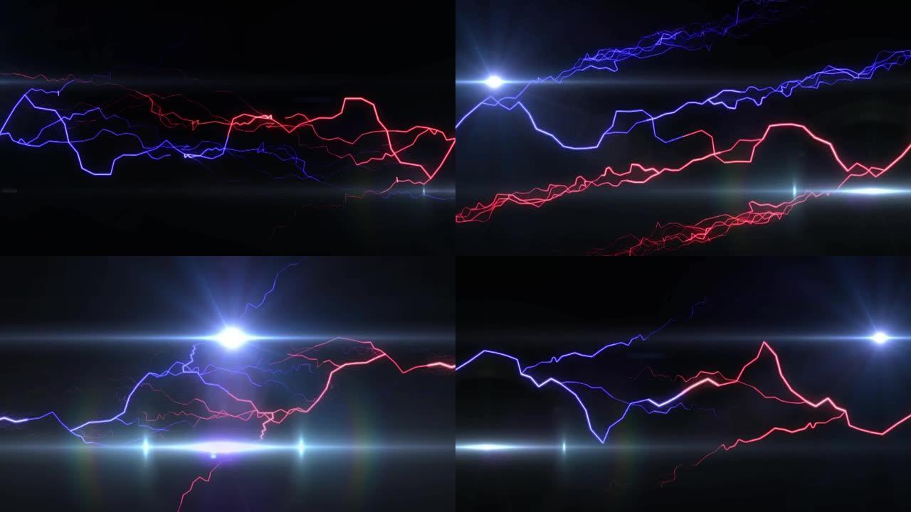 红色粒子和移动灯的动画，黑色上发光的蓝色和红色电流