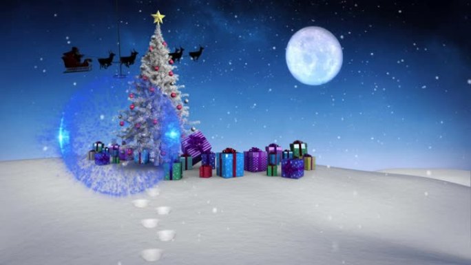 蓝色摆设悬挂在圣诞树上的雪和冬季景观上的礼物上