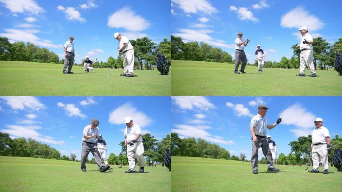 4k亚洲人民高尔夫球手在乡村俱乐部一起打高尔夫球。
