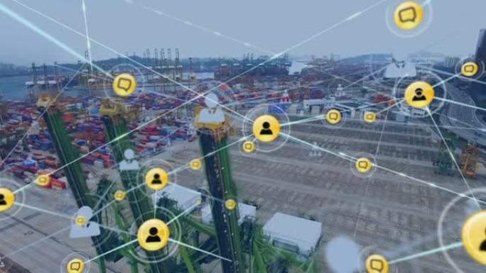 背景中带有船厂图标的连接网络动画