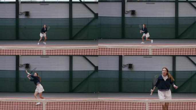 一名女运动员打网球，用球拍巧妙地一拳又一拳。