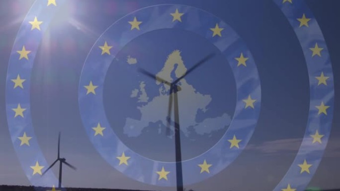 欧洲地图的动画，欧盟国旗的星星在旋转的风力涡轮机上旋转